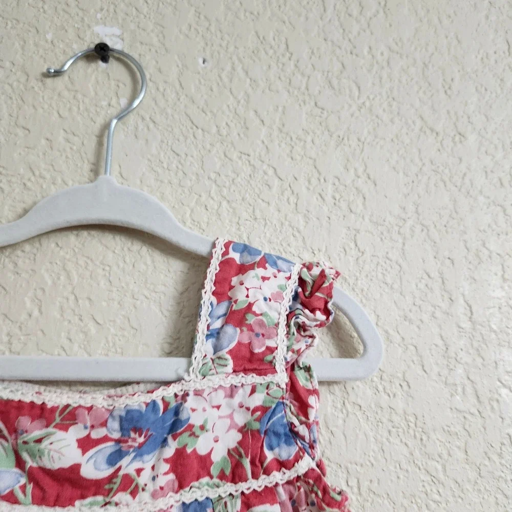 Ralph Lauren Size 24 Months Kid Red Floral Falmouth 100% Cotton Lace Trim Ruffle